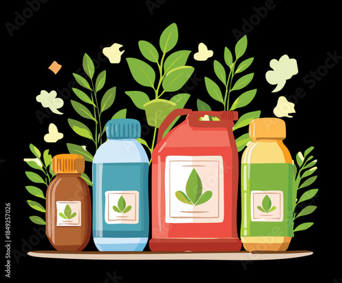 Various liquid plant food and garden nutrient containers for organic horticulture in a nature setting