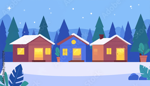 Cartoon illustration of three cute houses in a wintery forest landscape with snow and evergreen trees