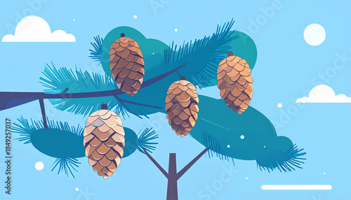 Cartoon illustration of pine cones hanging from an evergreen tree with a blue sky and fluffy white clouds