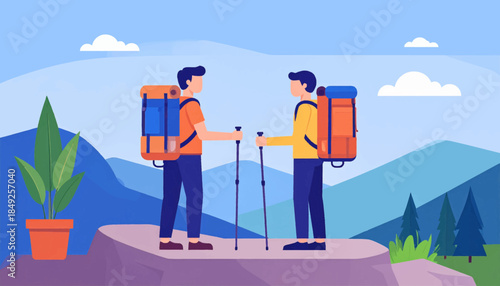 Cartoon illustration of two hikers on a mountain top with a plant in a pot and mountain backdrop in flat colors