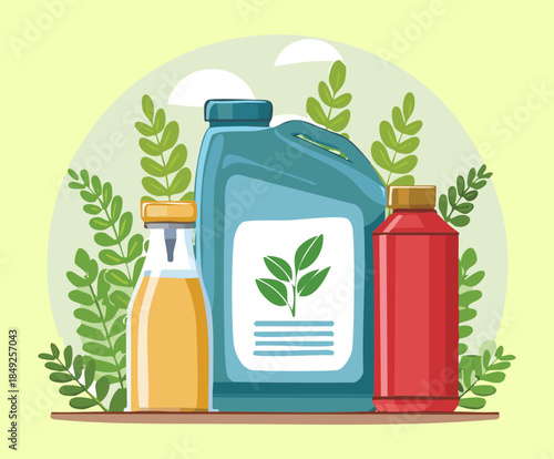 Collection of organic liquid fertilizers and garden supplement bottles for healthy plant growth in nature