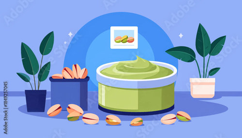 Cartoon illustration pistachios, green spread, and potted plants, all on a blue surface with a matching background