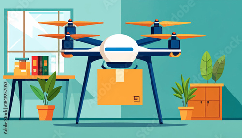 Cartoon illustration shows drone carrying a package indoors, against background of a table, books, and plants
