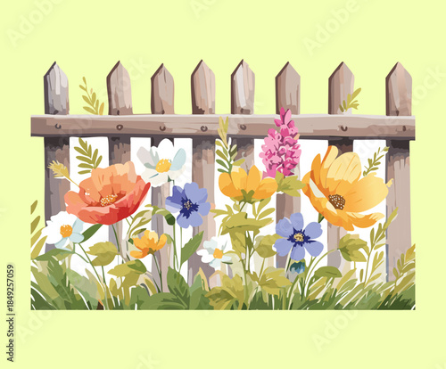 Vibrant garden flowers blooming in front of a light wooden fence during a sunny nature morning