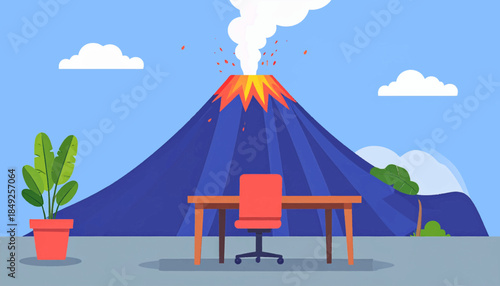 Cartoon image Desk facing an erupting volcano. Plant, sky, clouds, and mountain outlines visible