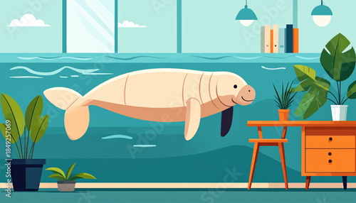 Cartoon image featuring a manatee swimming inside an aqua room with desk,plants, and lights