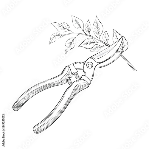 Technical drawing of garden pruning shears cutting a plant stem for horticultural maintenance in nature