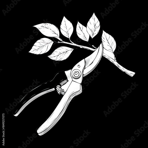Minimalist illustration of garden pruning shears tool cutting a branch against a dark nature background