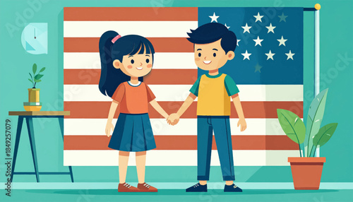 Cartoon image of a boy and girl holding hands in front of an American flag, with plants and a clock