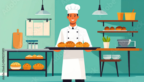 Cartoon image of a chef carrying muffins in a kitchen with shelves and bowls of baked goods