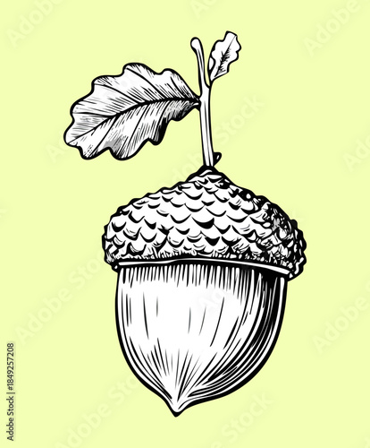 Detailed hand drawn acorn nut with small sprout growing out of it in a vintage nature style