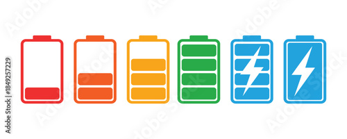 Battery charge level indicators showing various power states from empty to full and charging
