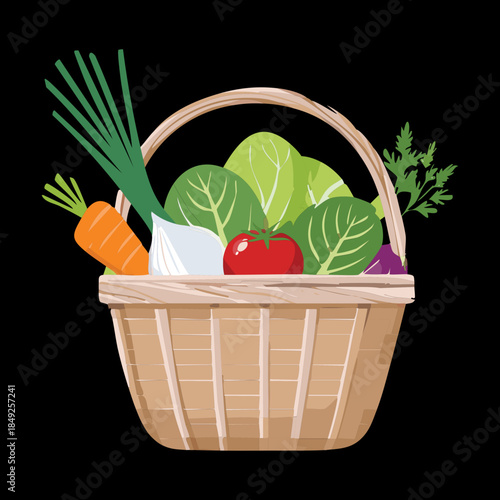 Woven wooden basket filled with fresh organic garden vegetables and green herbs in nature background