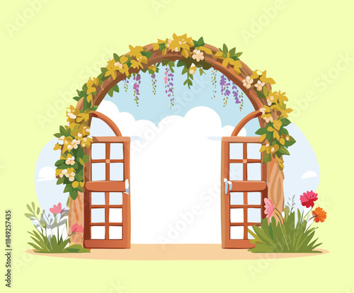 Classic wooden garden gate with a floral archway decorated with various colorful blossoms in nature
