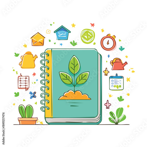 Creative garden planner notebook surrounded by small gardening icons and plant seedlings in a nature theme