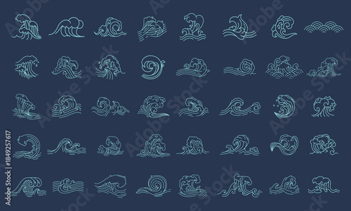 Abstract Ocean Wave Line Icons Set, Minimal Outline Sea Waves Vector