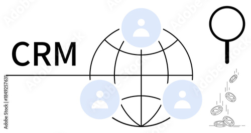 Business management, customer engagement, global communication, finance tracking, technology solutions, marketing strategies. CRM globe with user icons and falling coins. Business management