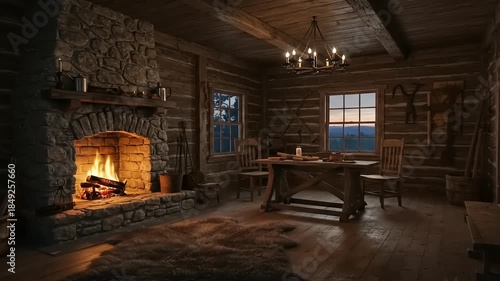 Wallpaper Mural Cozy Cabin Interior with Stone Fireplace and Rustic Wood Furniture at Dusk Torontodigital.ca