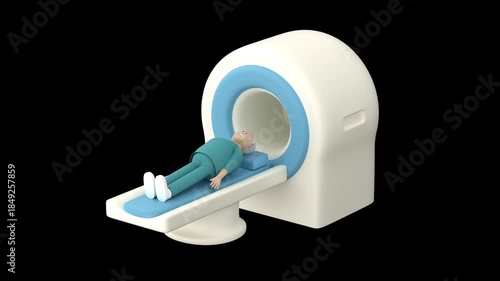 An elderly man is lying on an MRI scanner. Animation of a senior man character doing an MRI scan, 3d render with an alpha channel.