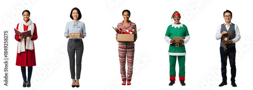 A diverse group of smiling professionals, including a carol singer, gift consultant, Christmas curator, elf helper, and clockmaker. Isolated on transparent background, ideal for holiday marketing,