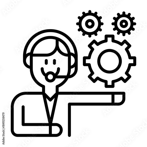 Icono de soporte técnico. Persona con audífonos sosteniendo engranajes representando asistencia técnica y solución de problemas. Diseño vectorial lineal