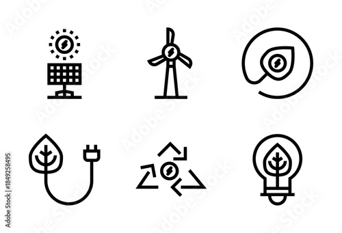 Pack de iconos de energía ecológica. Panel solar con sol, molino de viento, hoja con rayo, conector vegetal, reciclaje energético y bombilla ecológica. Diseño vectorial lineal