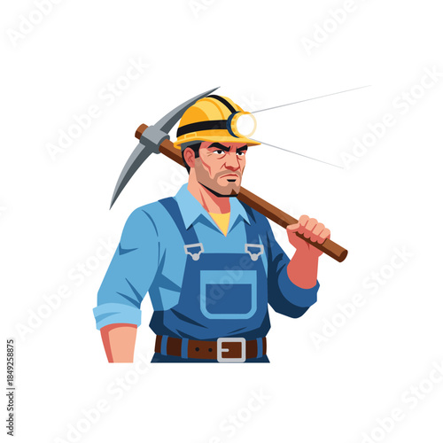 Determined miner in hard hat holding pickaxe