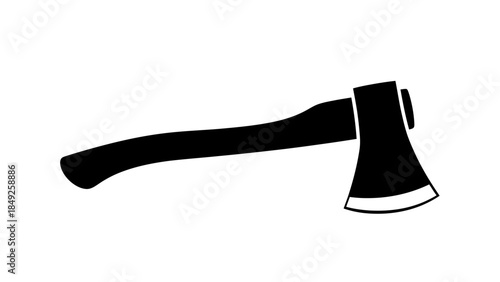 Sharp steel hatchet tool with a wooden handle isolated on white background and embedded in a rustic wood stump for construction work or chopping