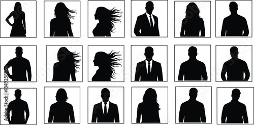 Business people silhouettes set, male and female portraits, anonymous professionals, corporate identity, avatar collection, black and white illustration, design, concept
