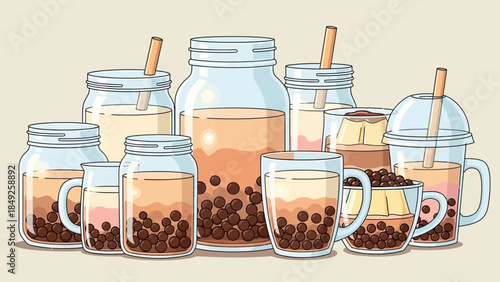 Healthy organic tea and coffee served with sweets and brown sugar in a glass jar and white ceramic container among dry spices and cooking ingredients isolated on a kitchen table