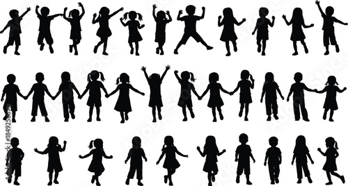 Children jumping silhouettes set isolated on white background, playful kids holding hands, joyful movement, childhood fun, active lifestyle, illustration