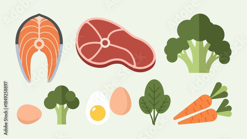 Healthy set of fresh vegetables and fruit icons featuring tomato, carrot, apple, and pepper in a flat vector illustration for vegetarian diet and agriculture