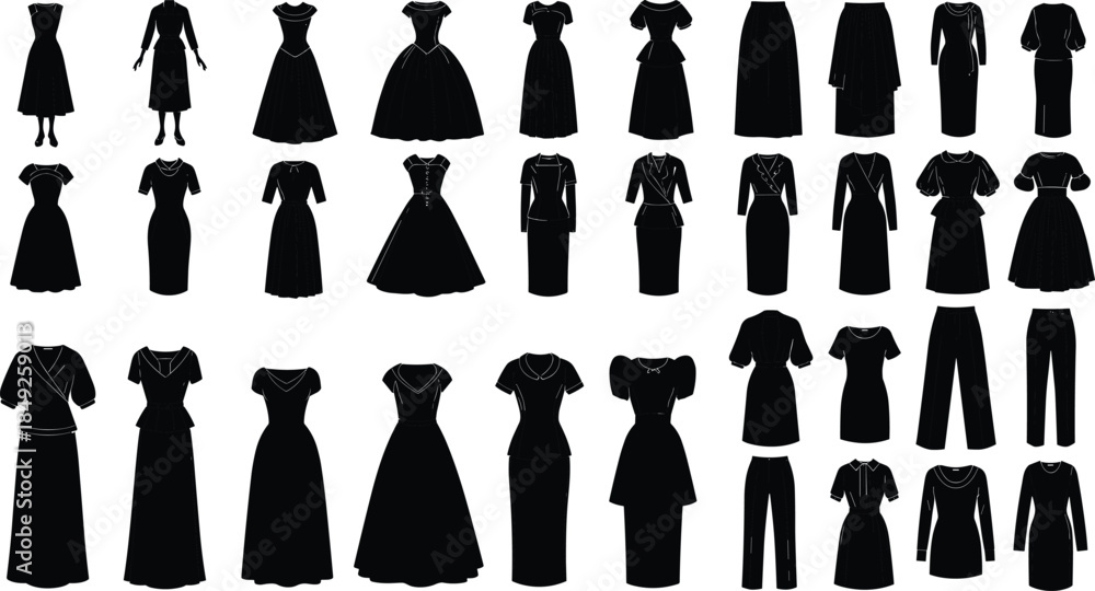 Fototapeta premium Women fashion clothing silhouettes set isolated on white background, dresses skirts pants collection, elegant apparel, design illustration, wardrobe concept, vector