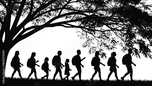 Silhouette of students walking together under large tree, education journey, school children, teamwork, learning path, nature background