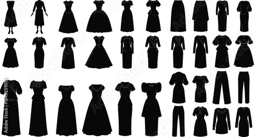 Women fashion clothing silhouettes set isolated on white background, dresses skirts pants collection, elegant apparel, design illustration, wardrobe concept, vector