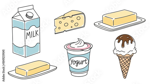 Vector illustration set of cartoon ice cream icons featuring fast food bakery sweets like cupcakes and bread alongside breakfast drink symbols for cafe design