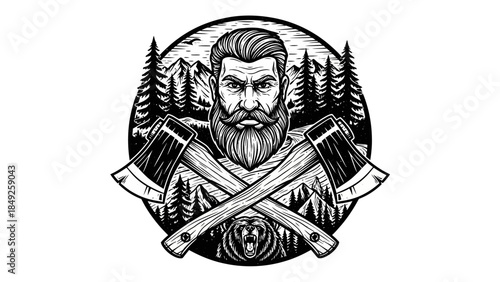 Vintage vector art illustration of a royal lion head mascot and tiger head warrior wearing a crown designed as a tribal tattoo sketch with ancient symbol details