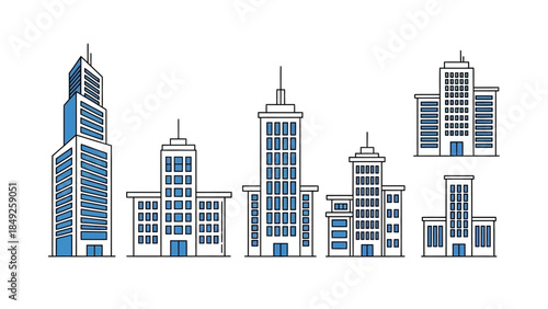 A modern city skyline vector illustration showcases a sleek urban cityscape with business skyscrapers, downtown towers, and architectural silhouettes against a dark night sky landscape