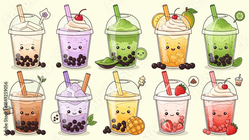 Isolated vector illustration of a fresh set of different drinks and fruits with sweet breakfast cupcakes and a milk basket on white background