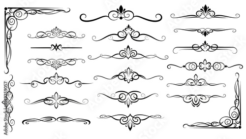 Ornate set of vintage vector design elements featuring decorative frames, calligraphic scrolls, and floral borders for elegant wedding invitations or Victorian page flourishes