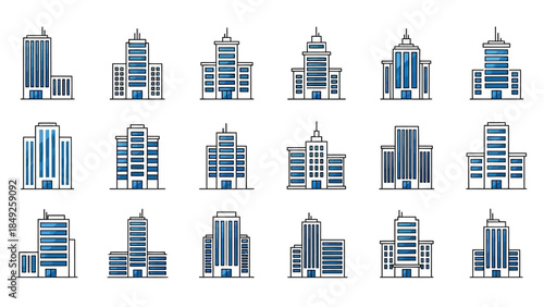 City skyline vector illustration showing a set of urban buildings and skyscrapers