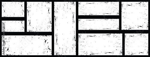 black and white grunge background. Black paint brush stamps. Vector grunge effect text boxes. Rough, stroke spray ink rectangles on paper..