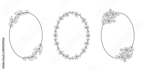 Hand Drawn Floral Wreath Set with Botanical Leaves and Flowers, Black and White Line Art