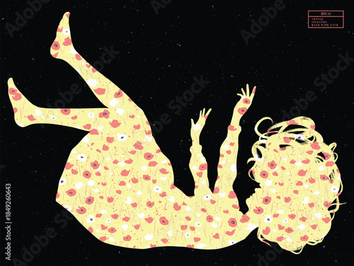 Patterned silhouette of falling woman. Summer flowers floral pattern