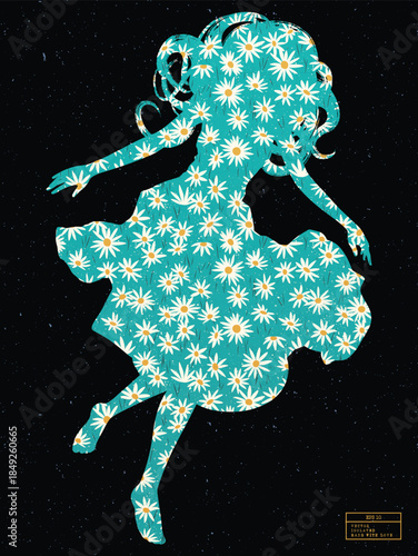 Patterned silhouette of flying woman. White daisies, summer flowers