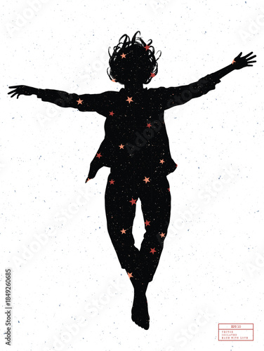 Patterned silhouette of falling man. Pattern with red and orange stars