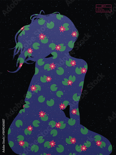 Patterned silhouette of sitting woman. Lotus and lilies on dark blue