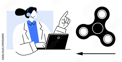 Productivity concept. Customer support agent with a headset and laptop emphasizing productivity and focus. Productivity enhanced with problem-solving and efficiency. For work, focus, multitasking