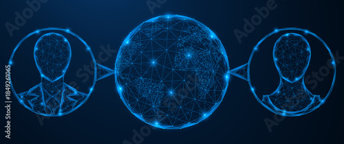 Global exchange of digital identification data. The two human profiles are connected through a central sphere.  The concept of online communication and collaboration in a digital environment.