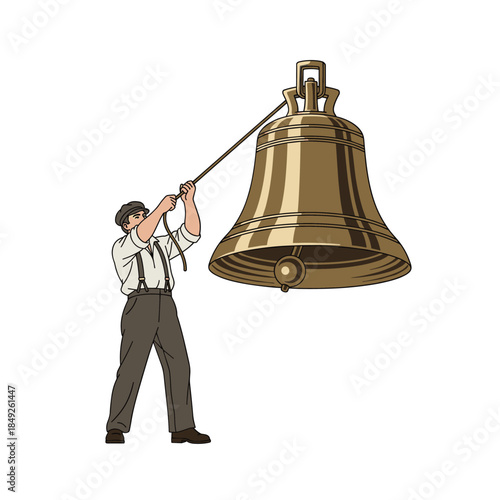 Man ringing large brass bell with enthusiasm and energy